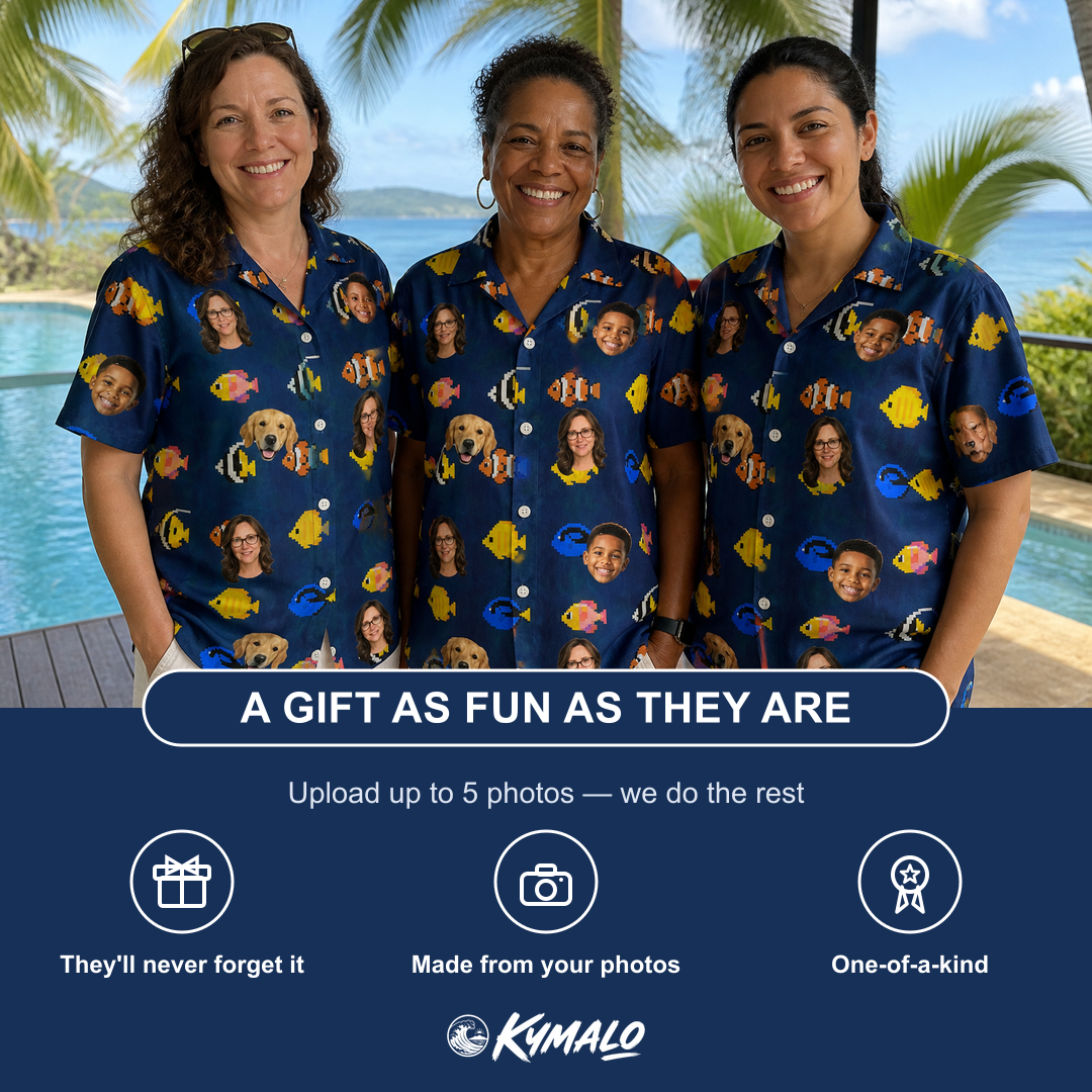Friends in matching Women's Tide Tangos Custom Face Hawaiian Shirt — a group gift photo