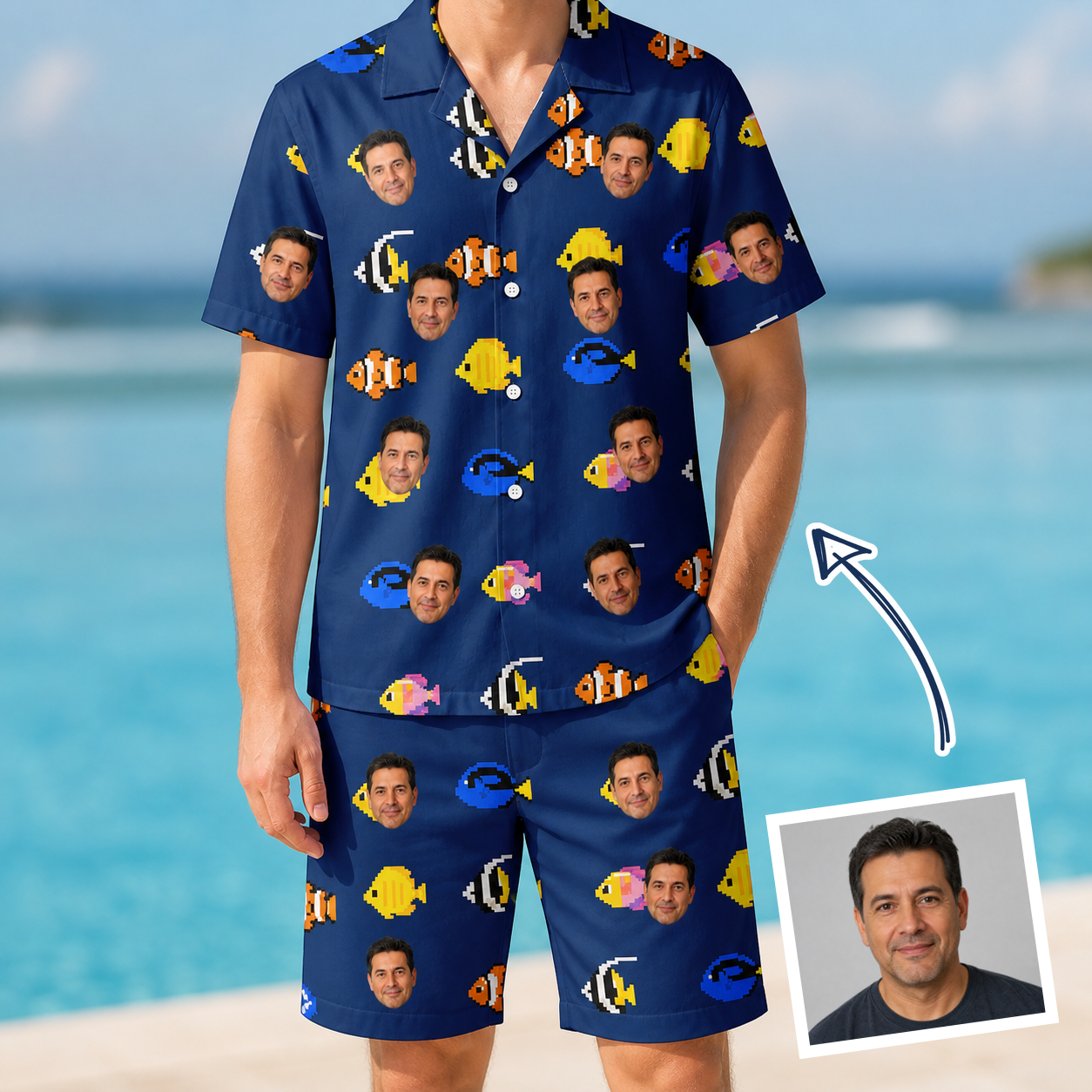 Man wearing Men's Tide Tangos Custom Face Shirt & Shorts Set — custom faces printed all-over