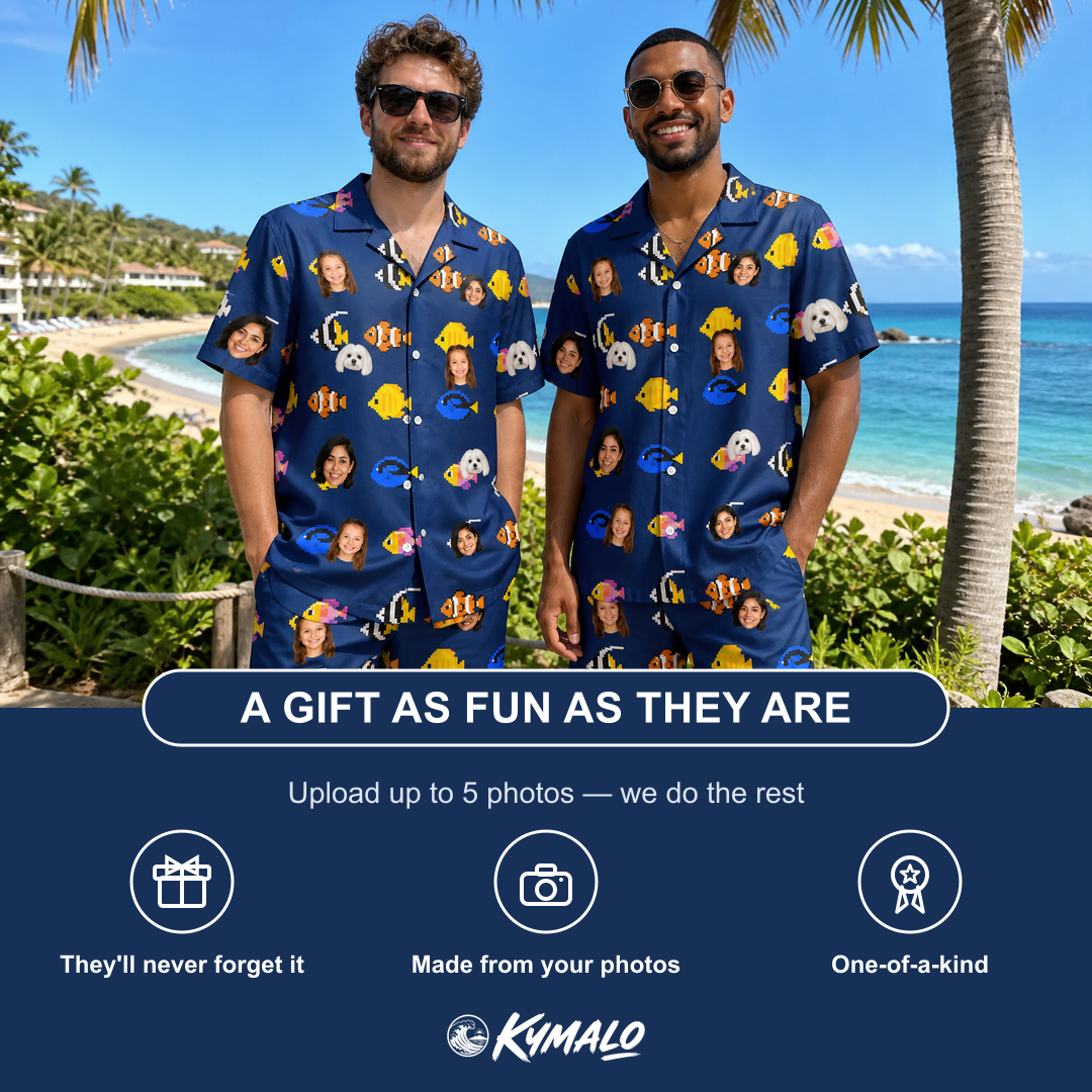Friends in matching Men's Tide Tangos Custom Face Shirt & Shorts Set — a group gift photo