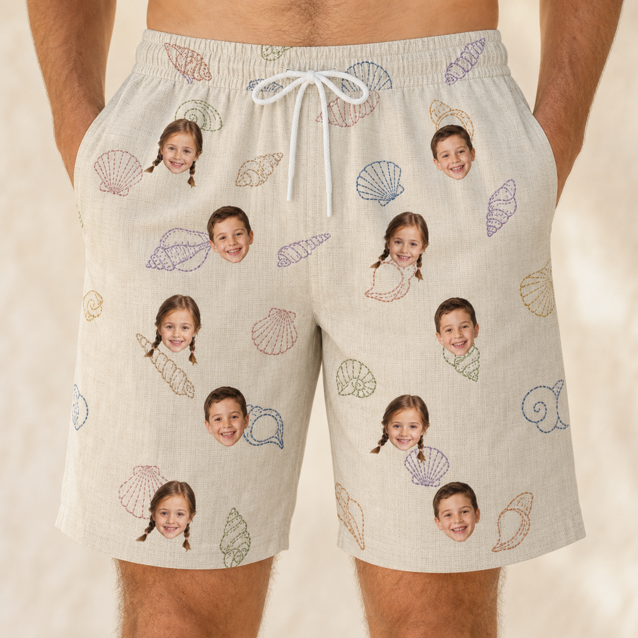 Model wearing Men's Conch Quest Custom Face Beach Shorts printed with kids' faces