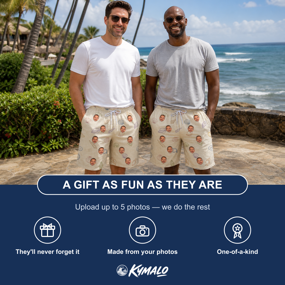 Friends in matching Men's Conch Quest Custom Face Beach Shorts — a group gift photo