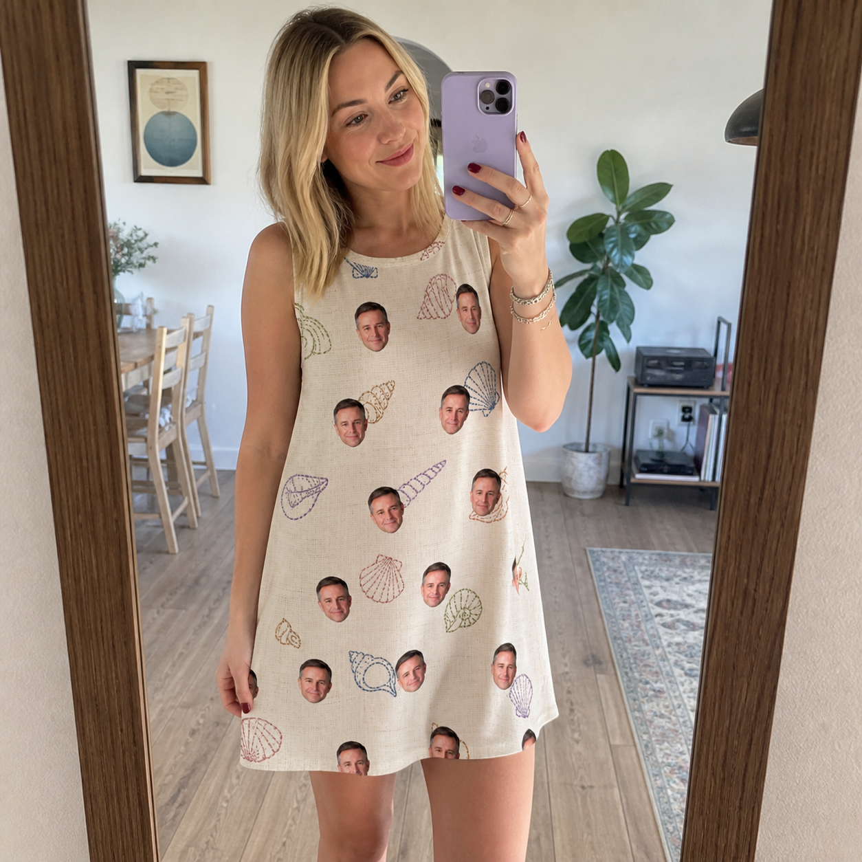 Real-life photo of someone wearing Women's Conch Quest Custom Face Tank Dress — custom faces printed all-over