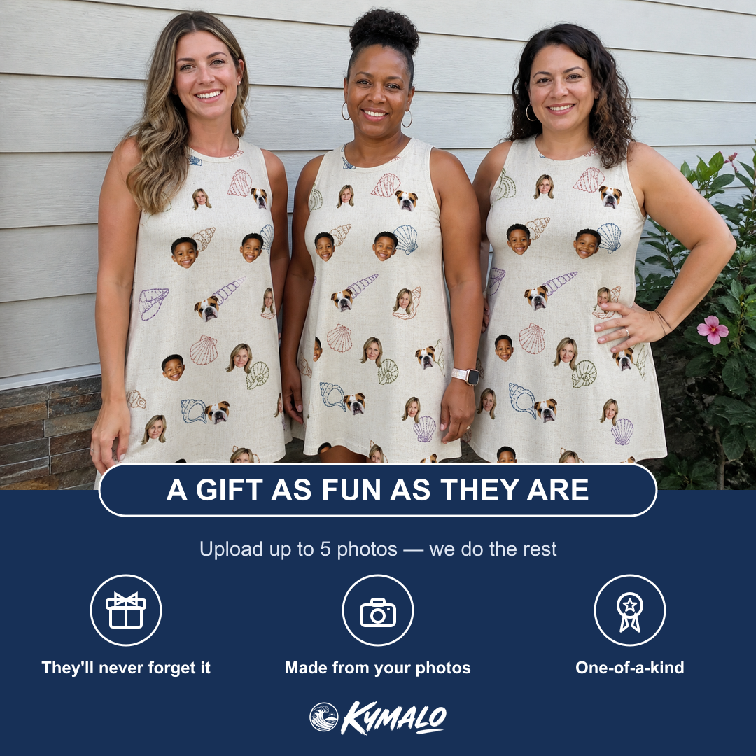 Friends in matching Women's Conch Quest Custom Face Tank Dress — a group gift photo