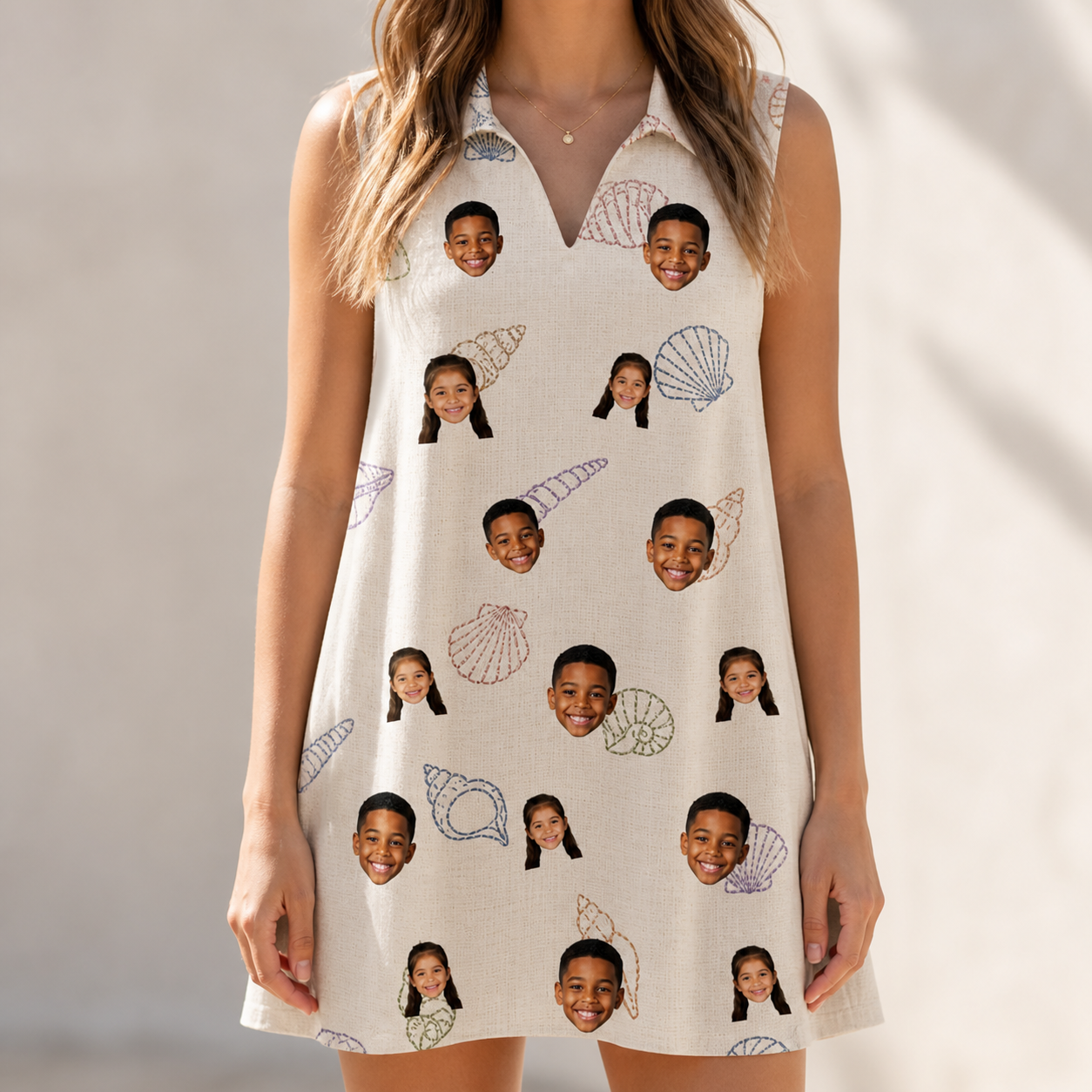 Model wearing Women's Conch Quest Custom Face V-Neck Dress printed with kids' faces