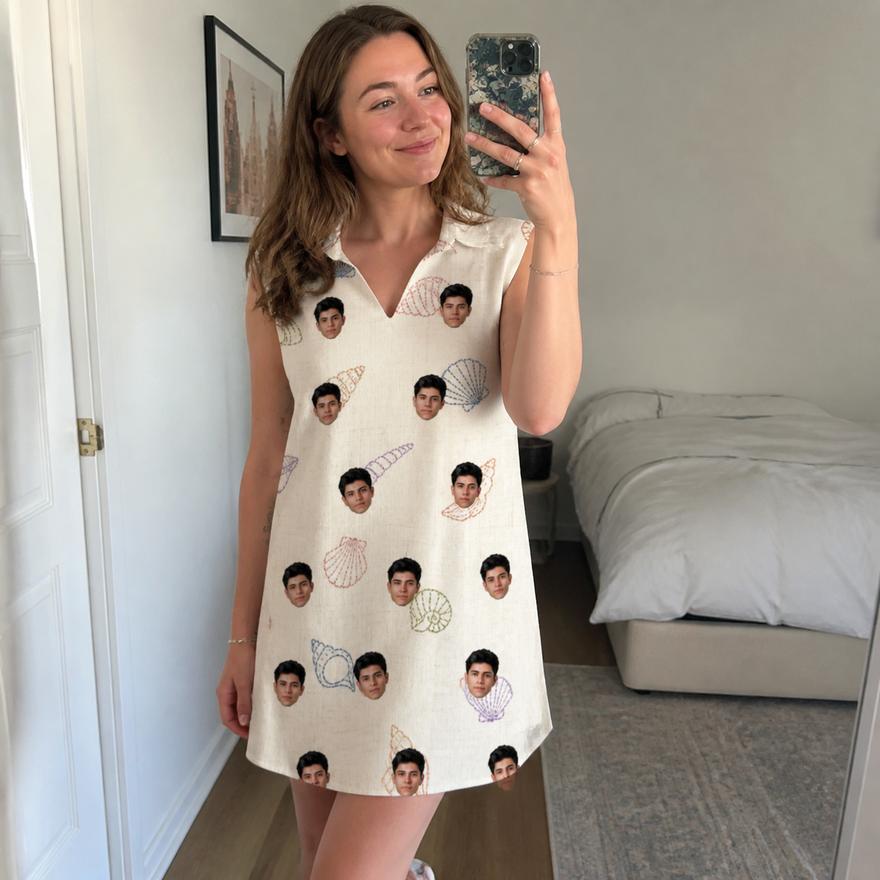 Real-life photo of someone wearing Women's Conch Quest Custom Face V-Neck Dress — custom faces printed all-over