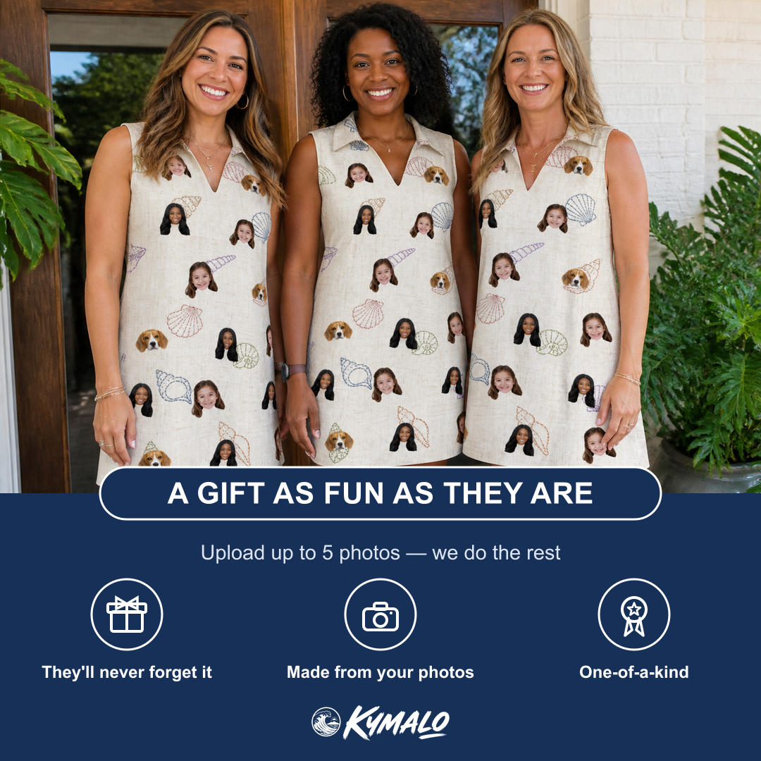 Friends in matching Women's Conch Quest Custom Face V-Neck Dress — a group gift photo