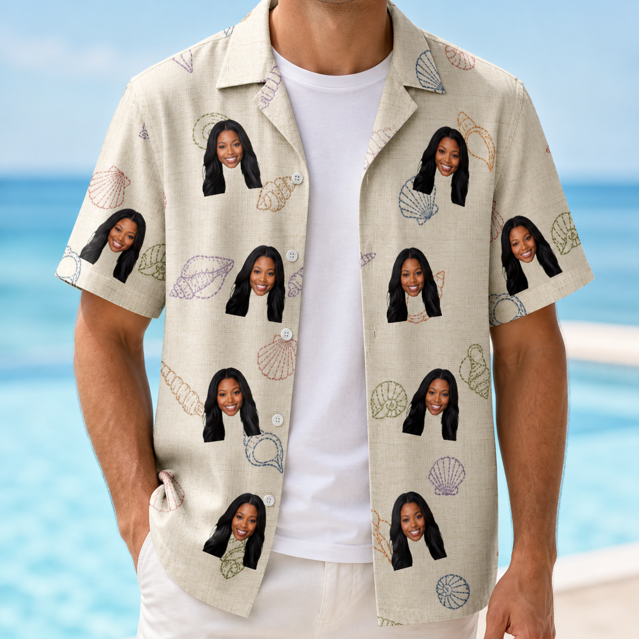 Man wearing Men's Conch Quest Custom Face Hawaiian Shirt open over a white tee