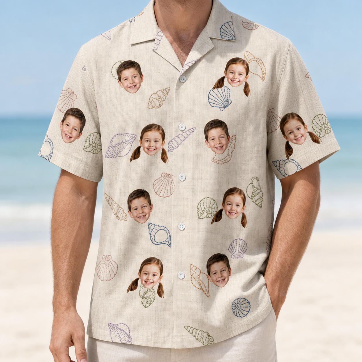 Model wearing Men's Conch Quest Custom Face Hawaiian Shirt printed with kids' faces