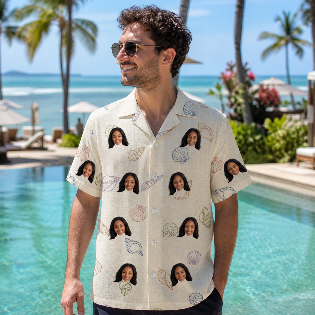 Real-life photo of someone wearing Men's Conch Quest Custom Face Hawaiian Shirt — custom faces printed all-over