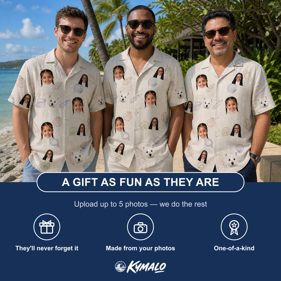 Friends in matching Men's Conch Quest Custom Face Hawaiian Shirt — a group gift photo