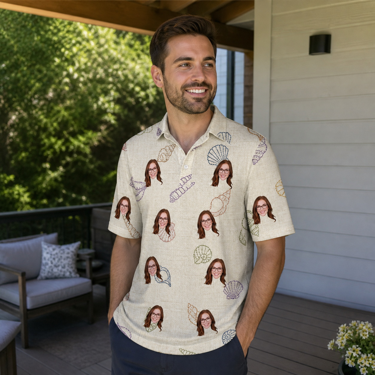 Real-life photo of someone wearing Men's Conch Quest Custom Face Polo Shirt — custom faces printed all-over