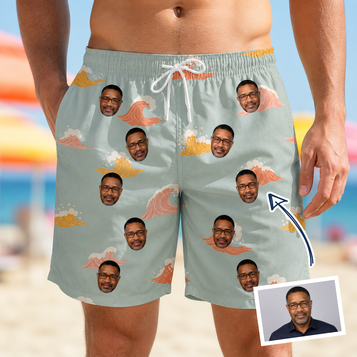 Man wearing Men's Surf Symphony Custom Face Beach Shorts — custom faces printed all-over