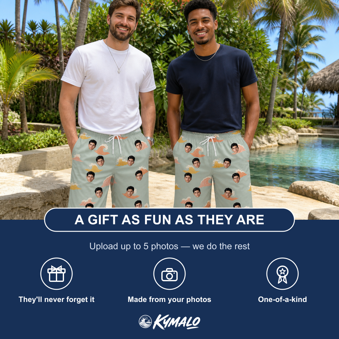 Friends in matching Men's Surf Symphony Custom Face Beach Shorts — a group gift photo