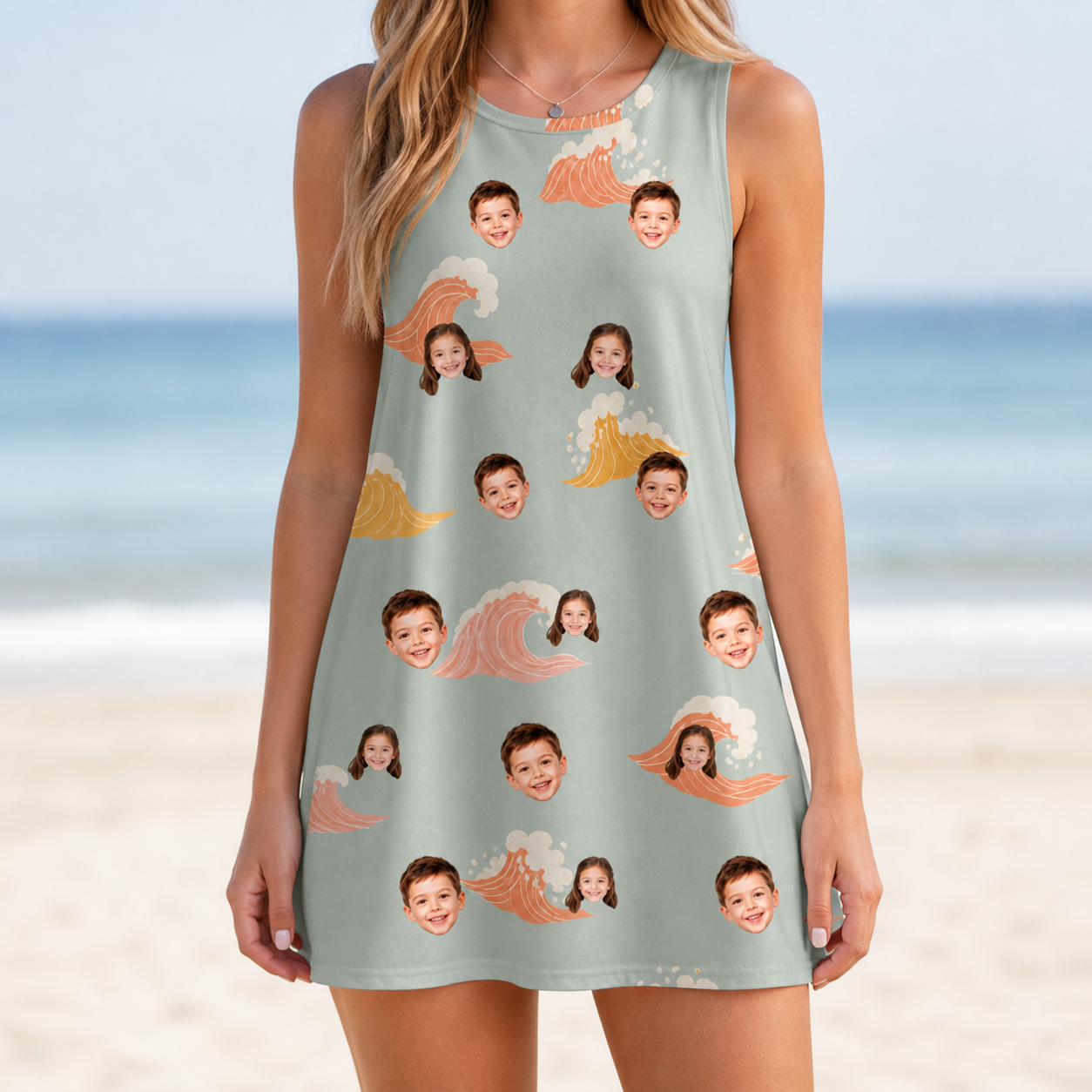 Model wearing Women's Surf Symphony Custom Face Tank Dress printed with kids' faces