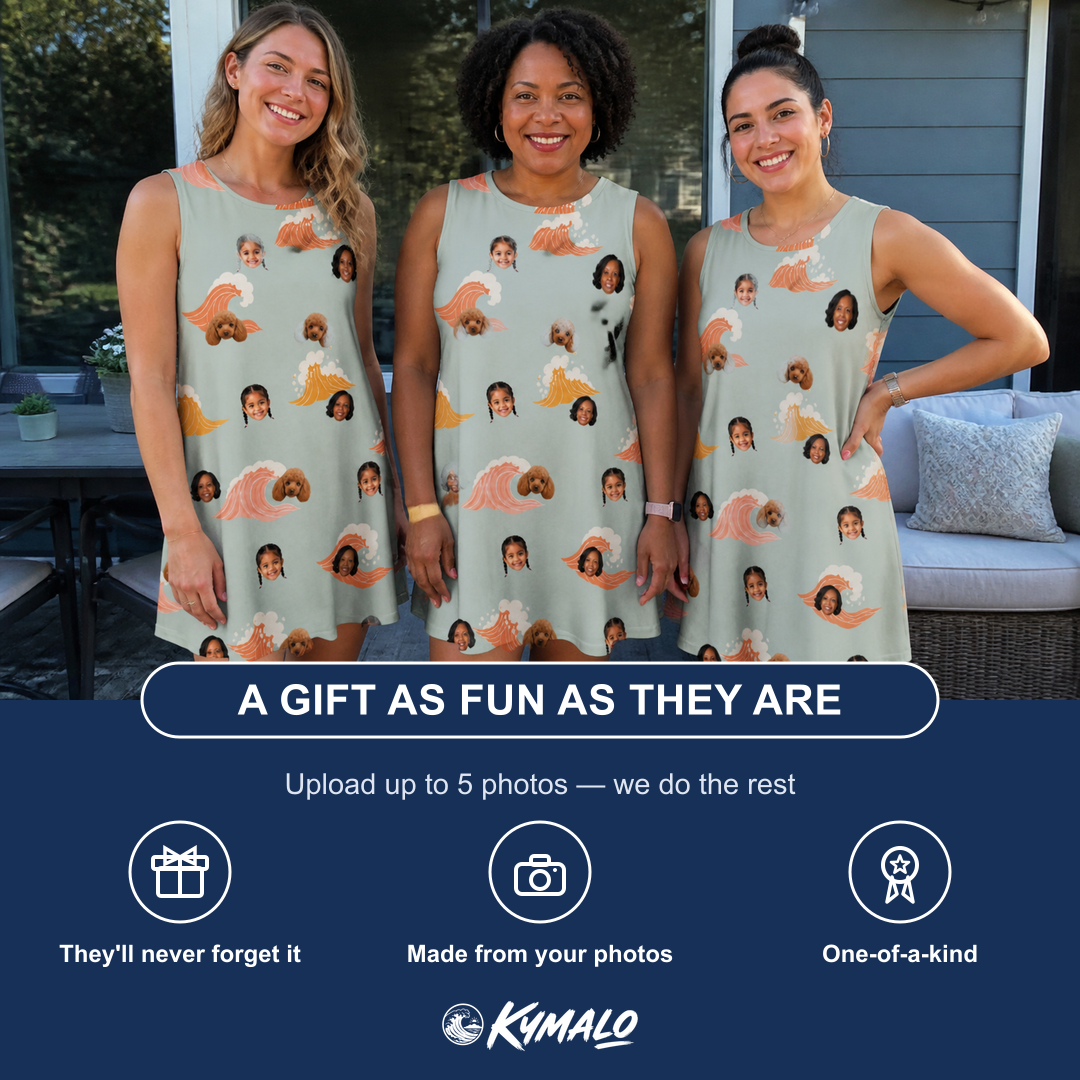 Friends in matching Women's Surf Symphony Custom Face Tank Dress — a group gift photo