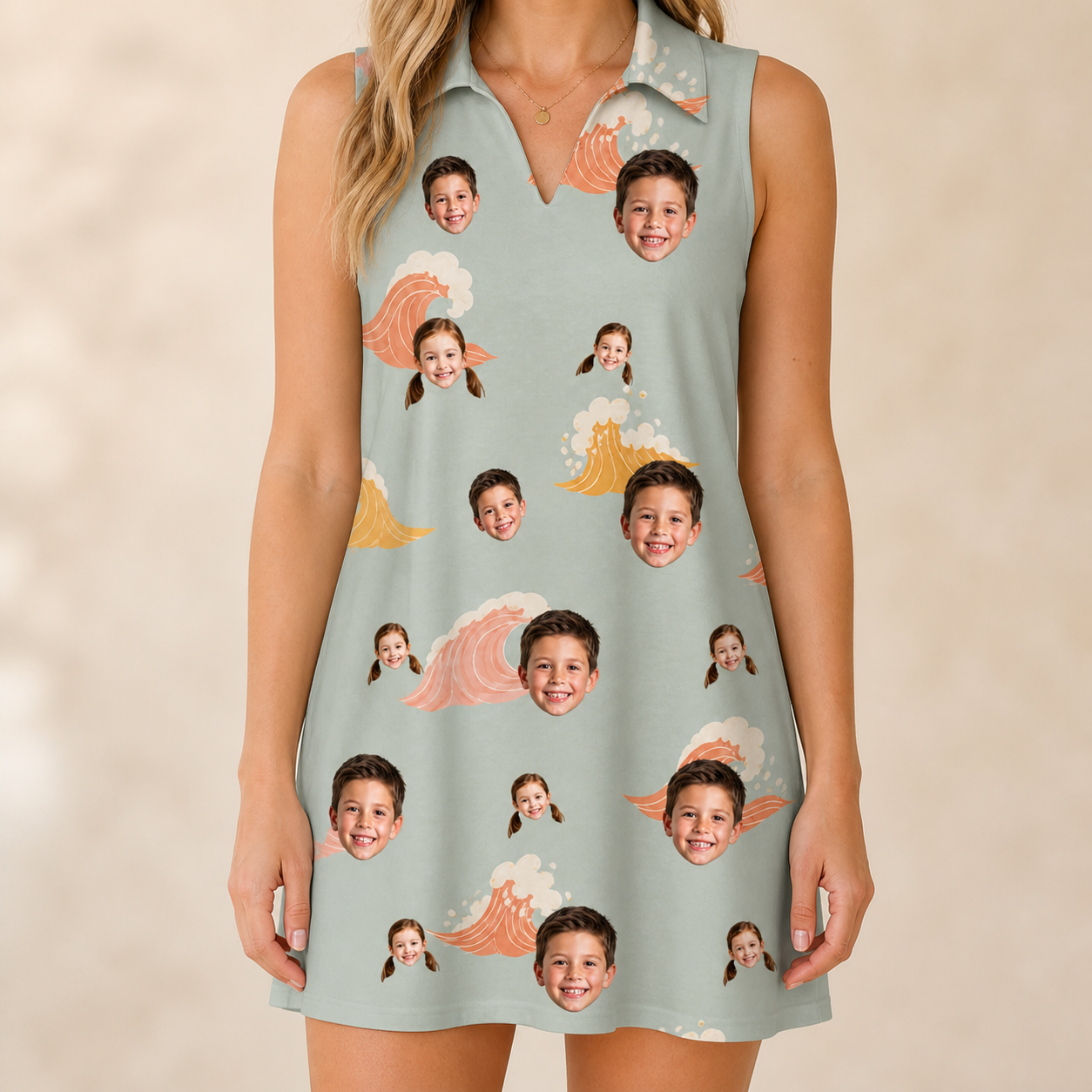 Model wearing Women's Surf Symphony Custom Face V-Neck Dress printed with kids' faces