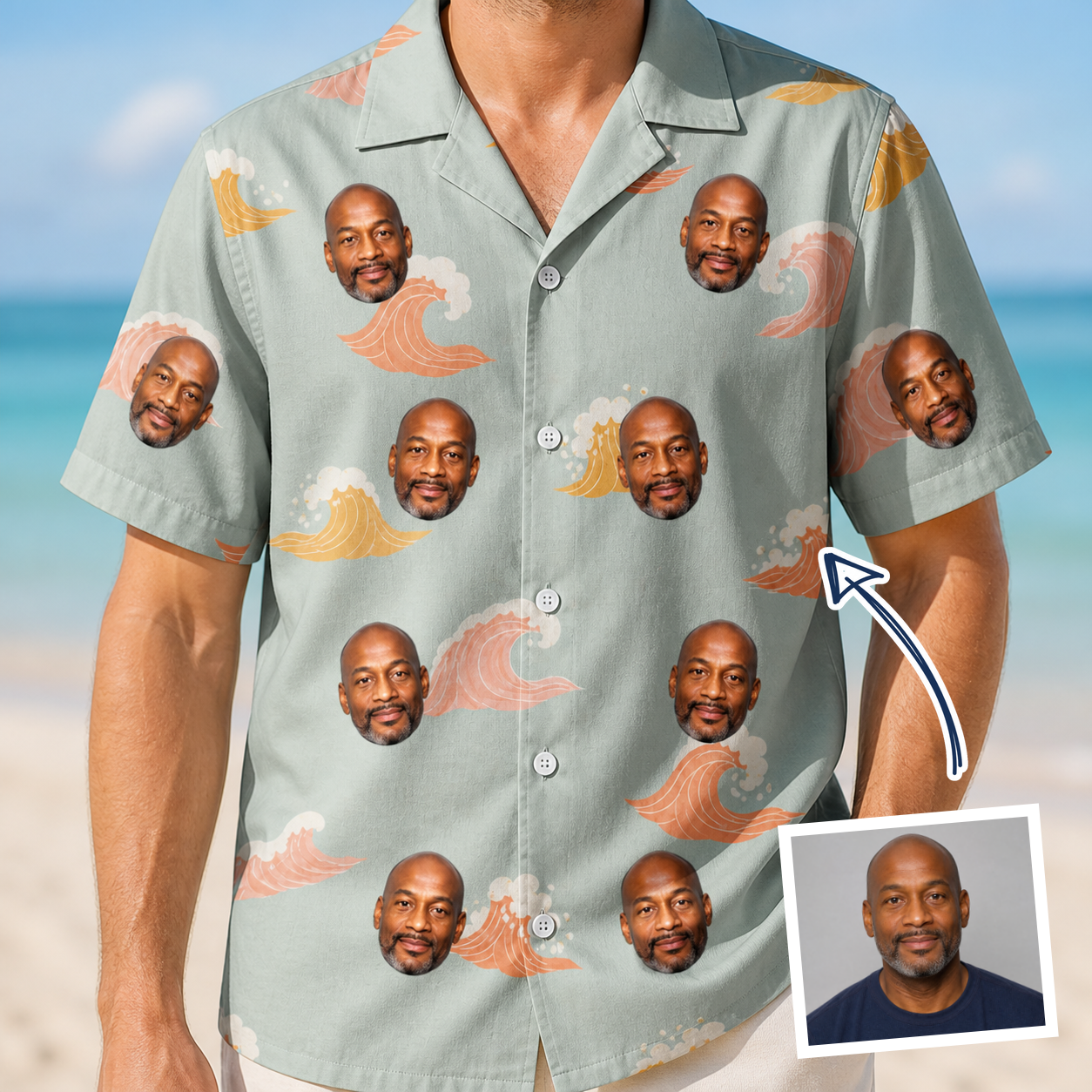 Man wearing Men's Surf Symphony Custom Face Hawaiian Shirt — custom faces printed all-over