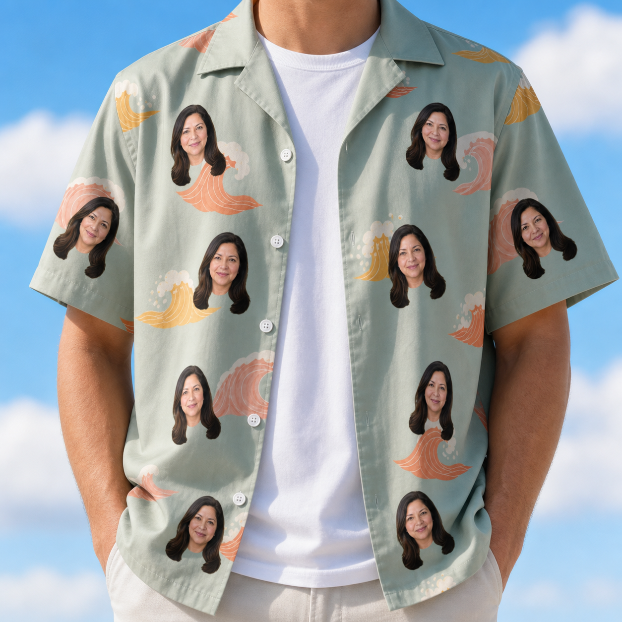 Man wearing Men's Surf Symphony Custom Face Hawaiian Shirt open over a white tee