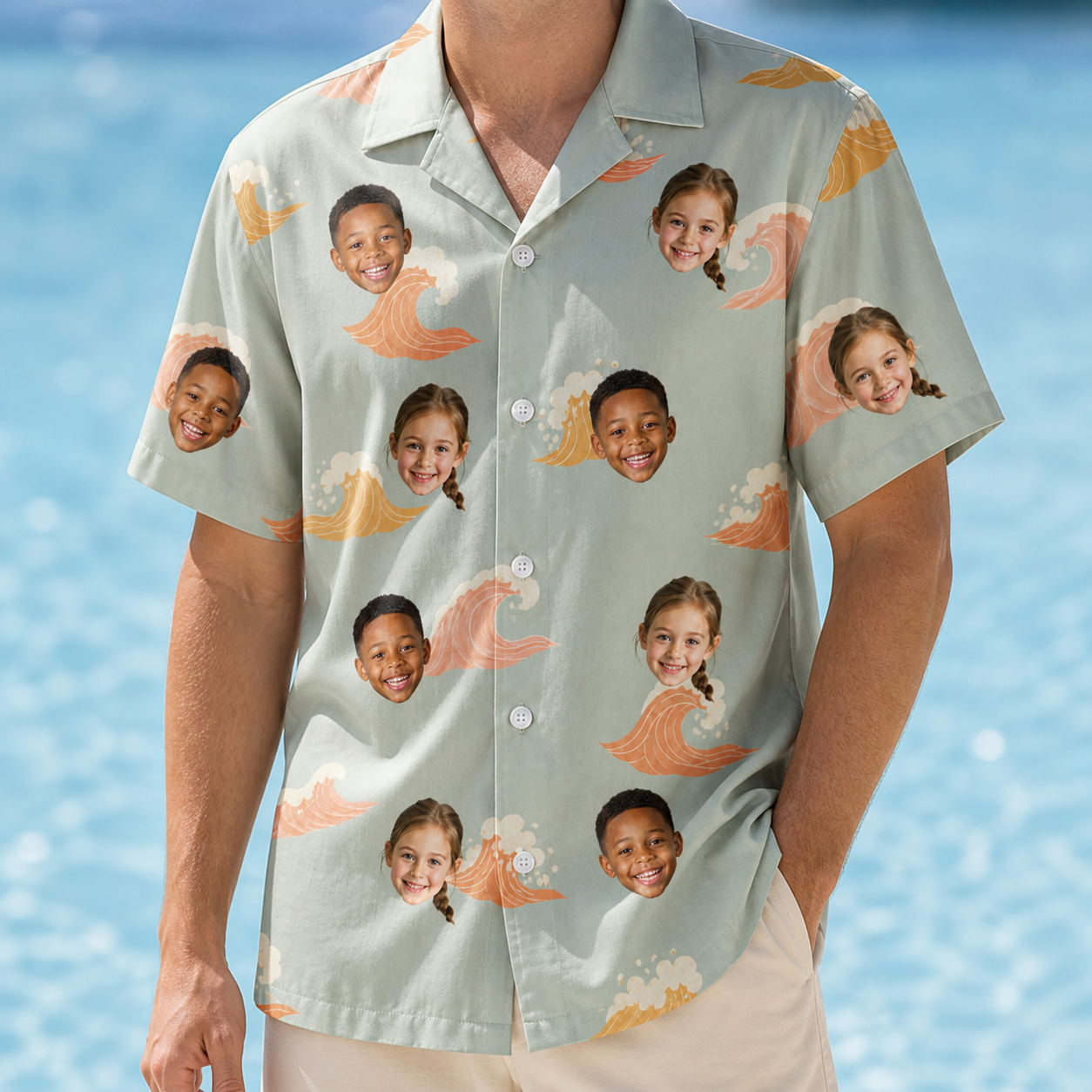 Model wearing Men's Surf Symphony Custom Face Hawaiian Shirt printed with kids' faces
