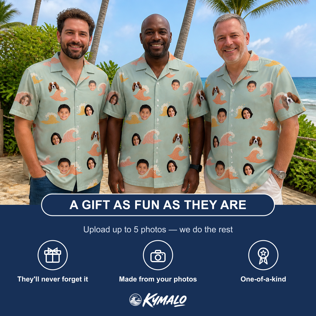 Friends in matching Men's Surf Symphony Custom Face Hawaiian Shirt — a group gift photo