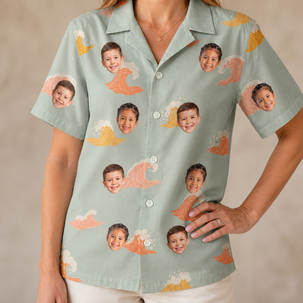Model wearing Women's Surf Symphony Custom Face Hawaiian Shirt printed with kids' faces
