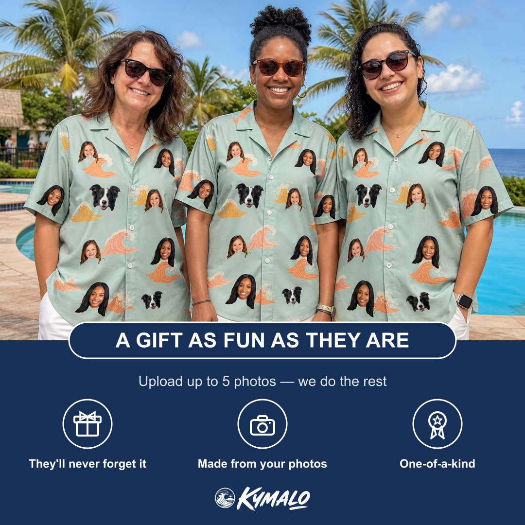 Friends in matching Women's Surf Symphony Custom Face Hawaiian Shirt — a group gift photo