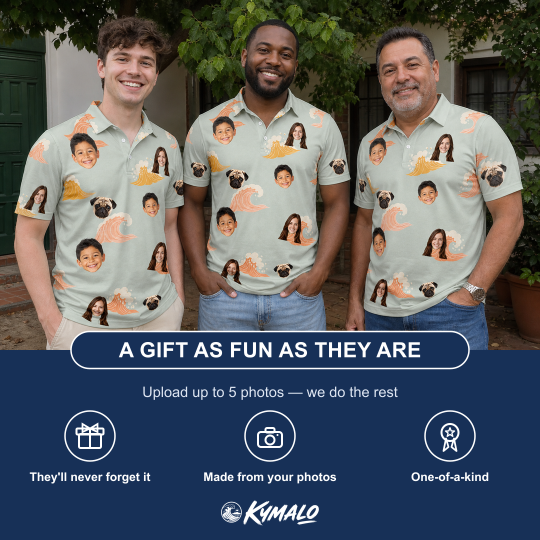 Friends in matching Men's Surf Symphony Custom Face Polo Shirt — a group gift photo