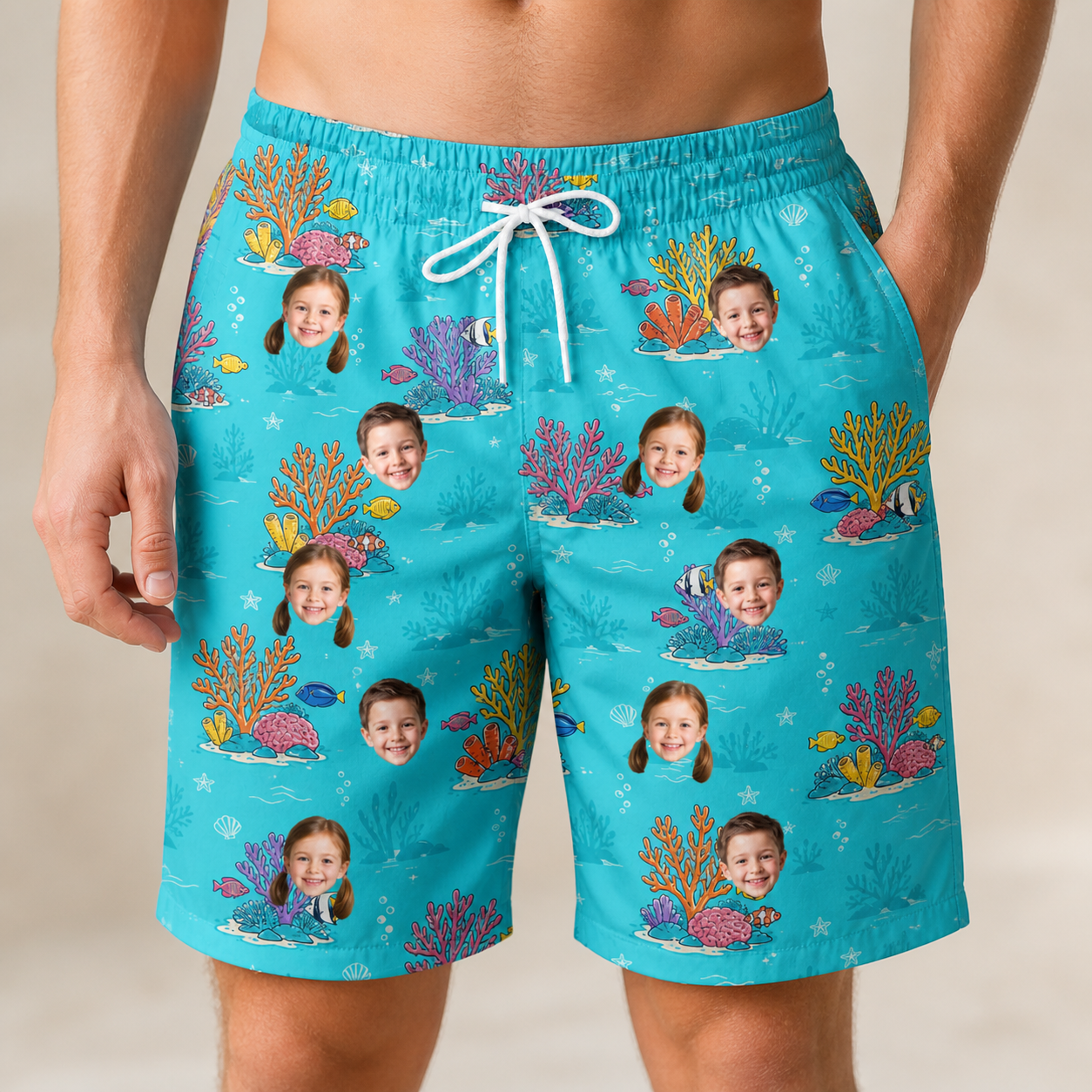 Model wearing Men's Anemone Amour Custom Face Beach Shorts printed with kids' faces