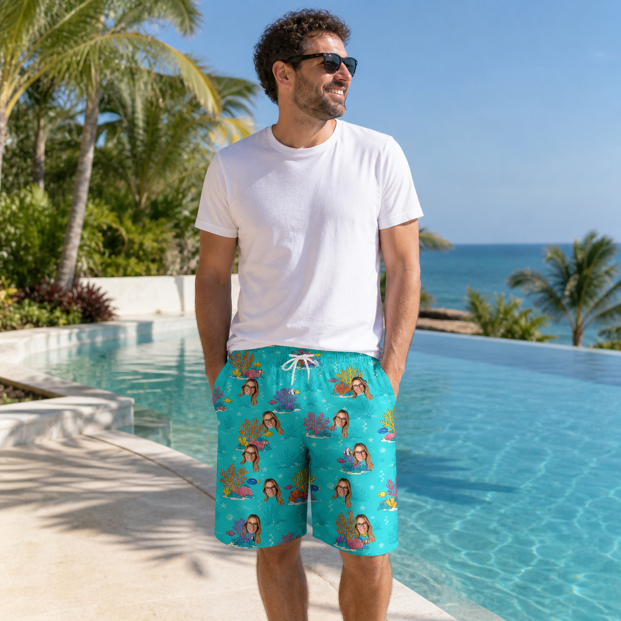 Real-life photo of someone wearing Men's Anemone Amour Custom Face Beach Shorts — custom faces printed all-over