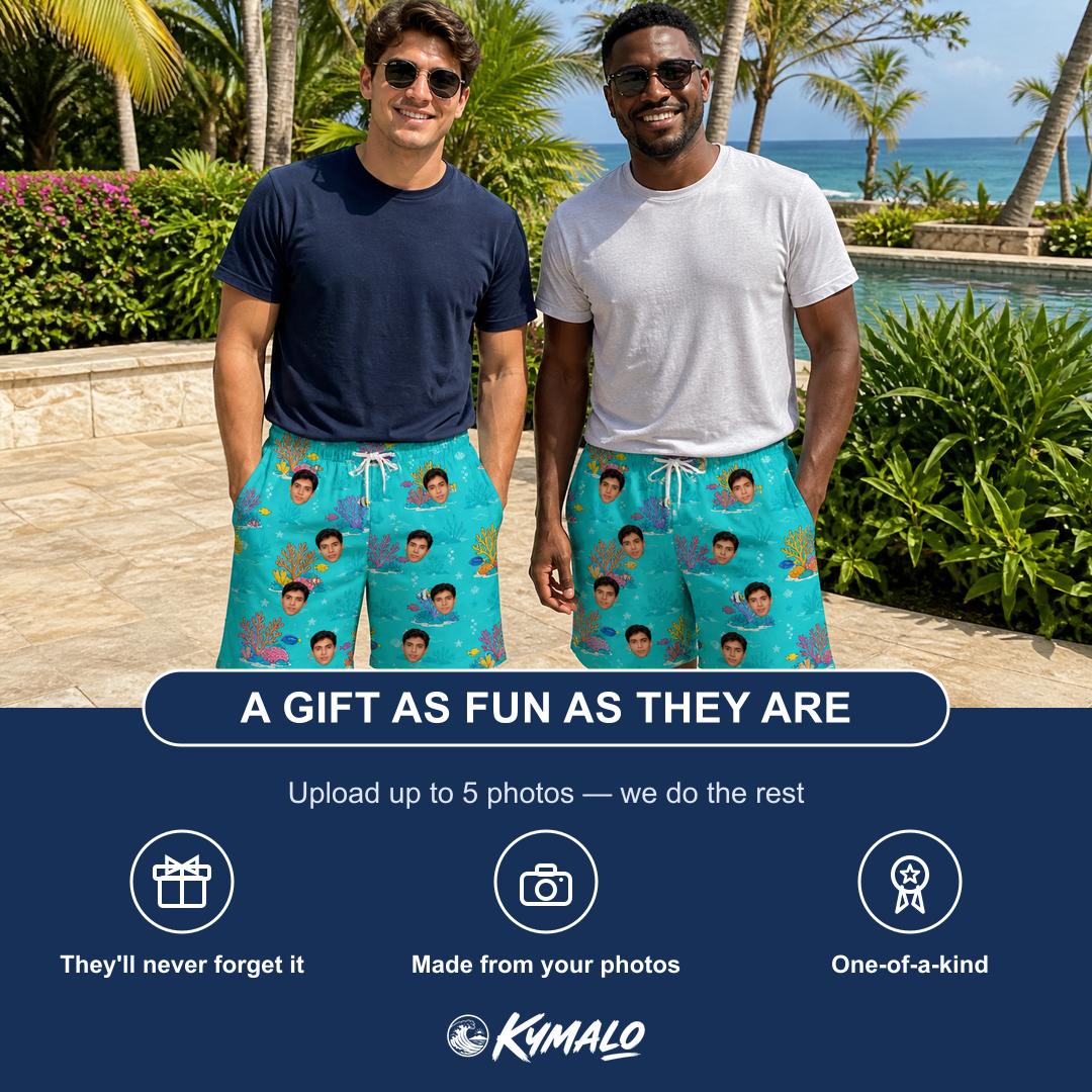Friends in matching Men's Anemone Amour Custom Face Beach Shorts — a group gift photo