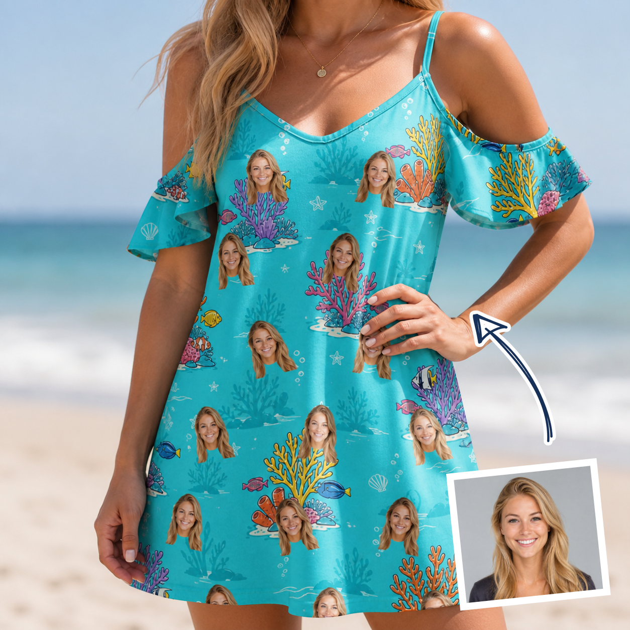 Woman wearing Women's Anemone Amour Custom Face Off-Shoulder Dress — custom faces printed all-over