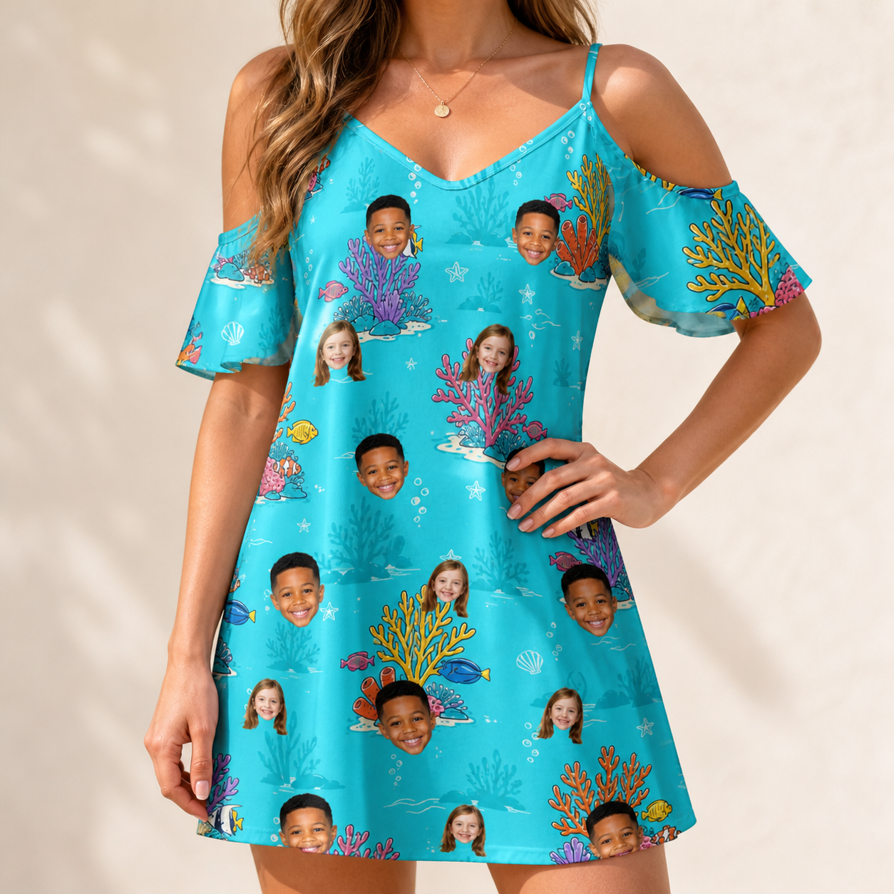 Model wearing Women's Anemone Amour Custom Face Off-Shoulder Dress printed with kids' faces