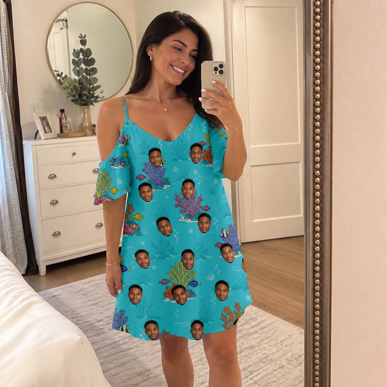 Real-life photo of someone wearing Women's Anemone Amour Custom Face Off-Shoulder Dress — custom faces printed all-over
