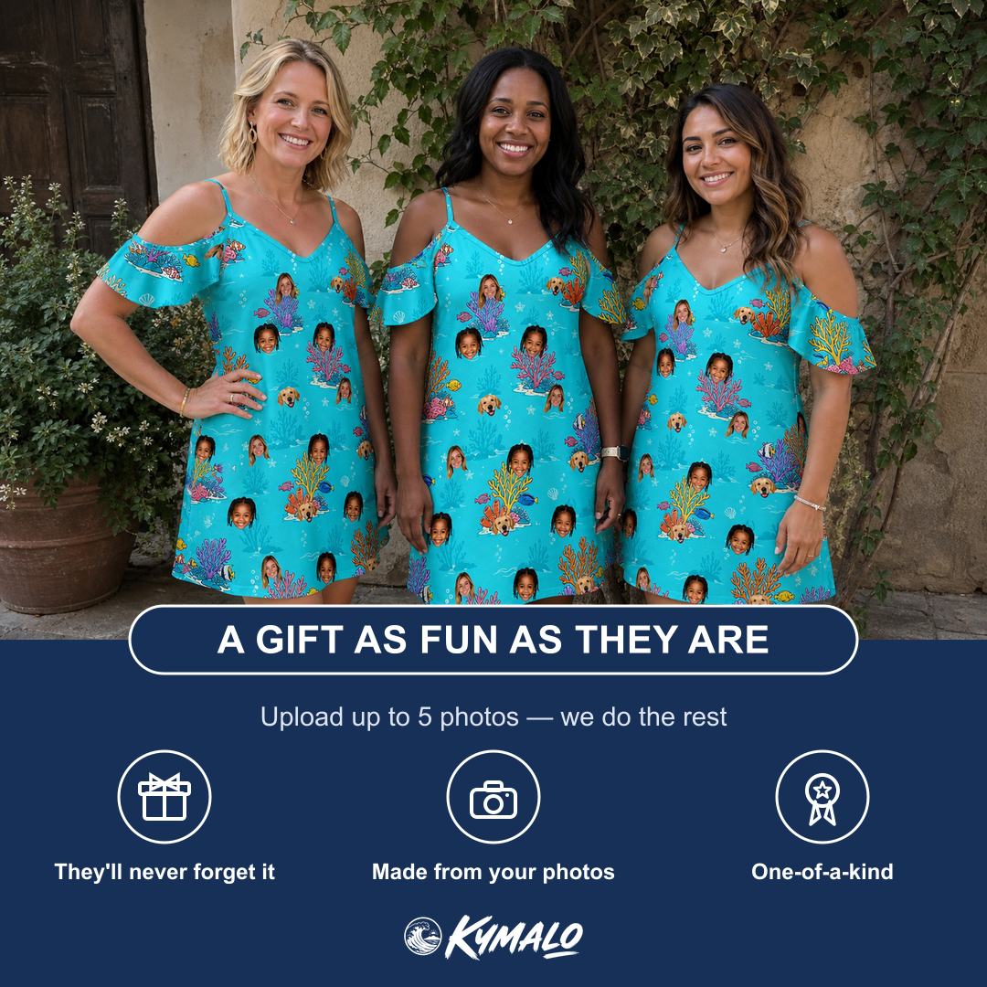 Friends in matching Women's Anemone Amour Custom Face Off-Shoulder Dress — a group gift photo