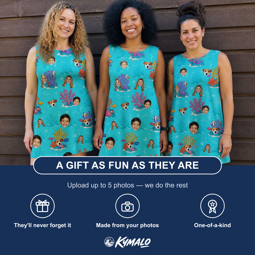 Friends in matching Women's Anemone Amour Custom Face Tank Dress — a group gift photo