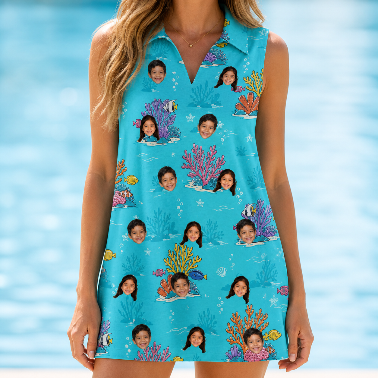 Model wearing Women's Anemone Amour Custom Face V-Neck Dress printed with kids' faces