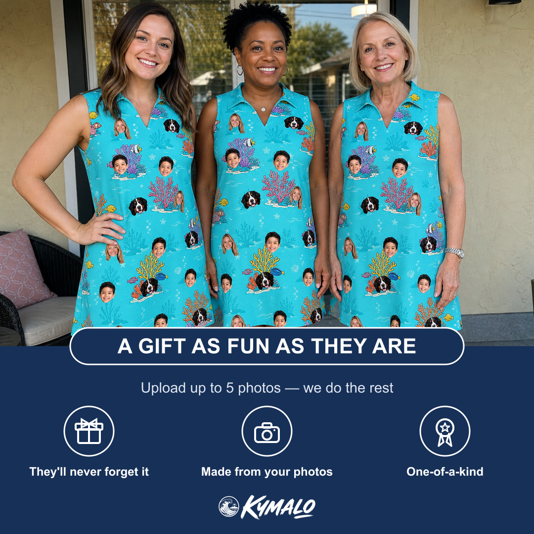 Friends in matching Women's Anemone Amour Custom Face V-Neck Dress — a group gift photo