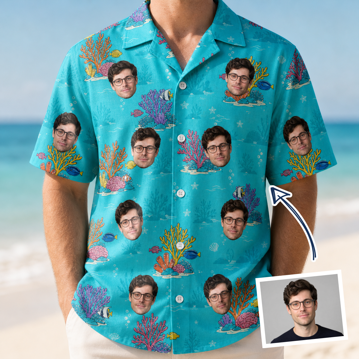 Man wearing Men's Anemone Amour Custom Face Hawaiian Shirt — custom faces printed all-over
