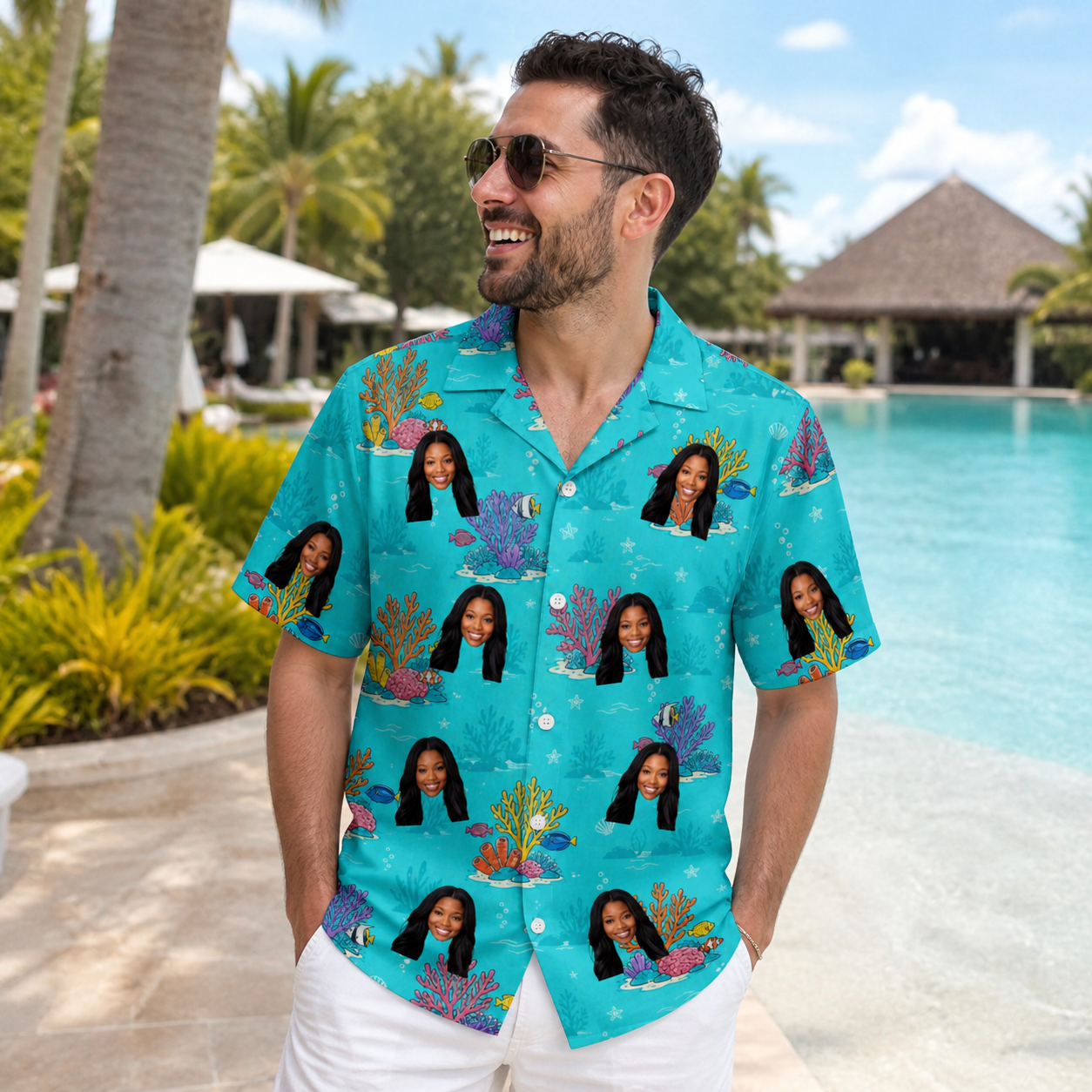 Real-life photo of someone wearing Men's Anemone Amour Custom Face Hawaiian Shirt — custom faces printed all-over