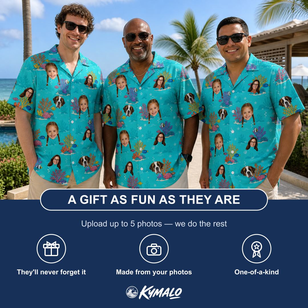 Friends in matching Men's Anemone Amour Custom Face Hawaiian Shirt — a group gift photo