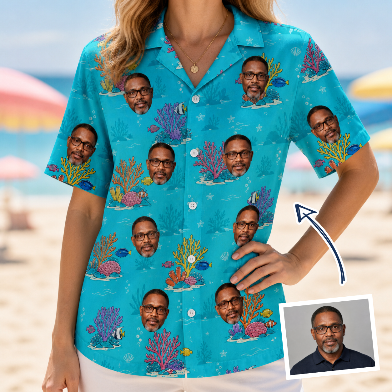Woman wearing Women's Anemone Amour Custom Face Hawaiian Shirt — custom faces printed all-over