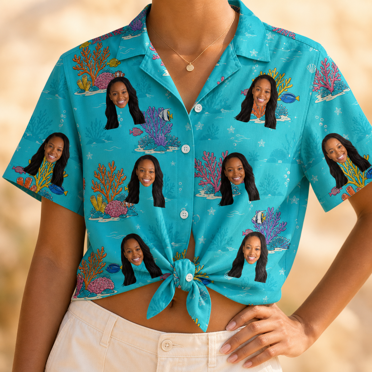 Woman wearing Women's Anemone Amour Custom Face Hawaiian Shirt tied at the waist