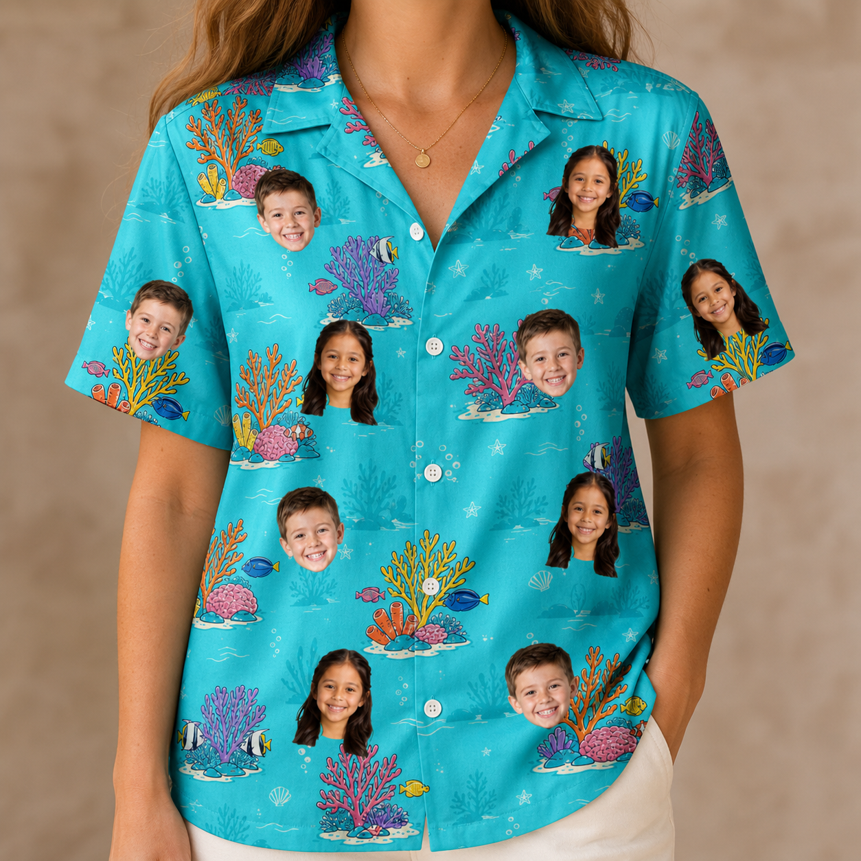 Model wearing Women's Anemone Amour Custom Face Hawaiian Shirt printed with kids' faces