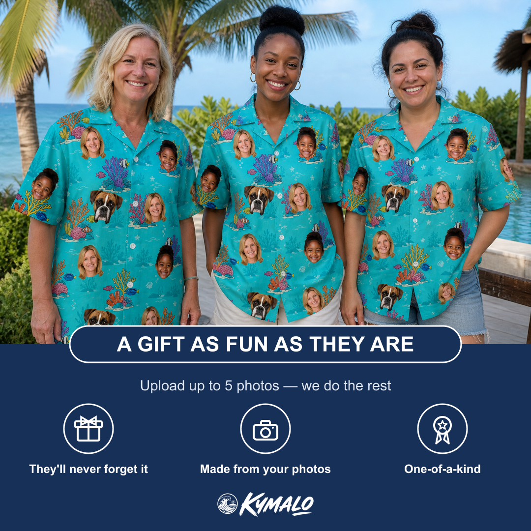 Friends in matching Women's Anemone Amour Custom Face Hawaiian Shirt — a group gift photo