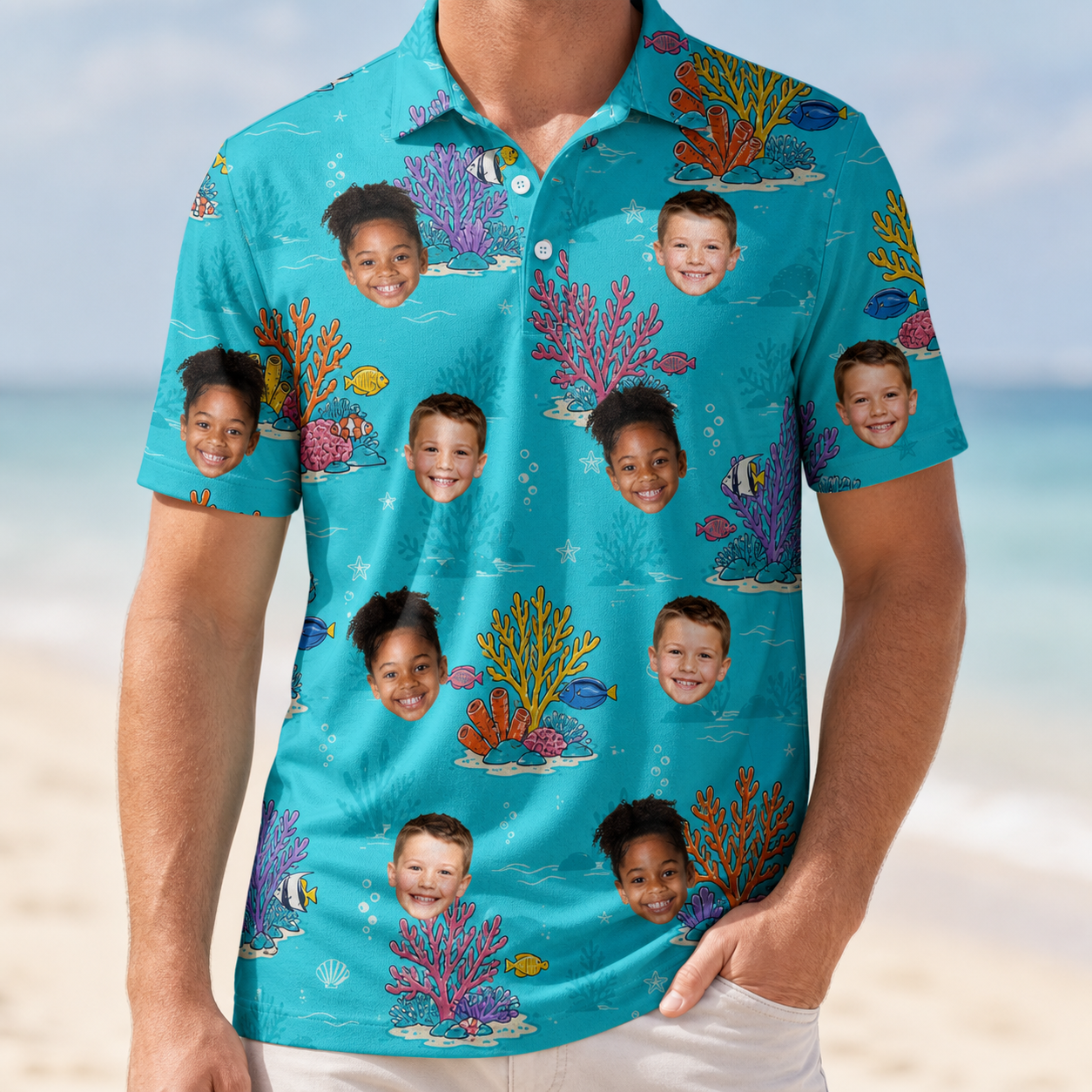 Model wearing Men's Anemone Amour Custom Face Polo Shirt printed with kids' faces