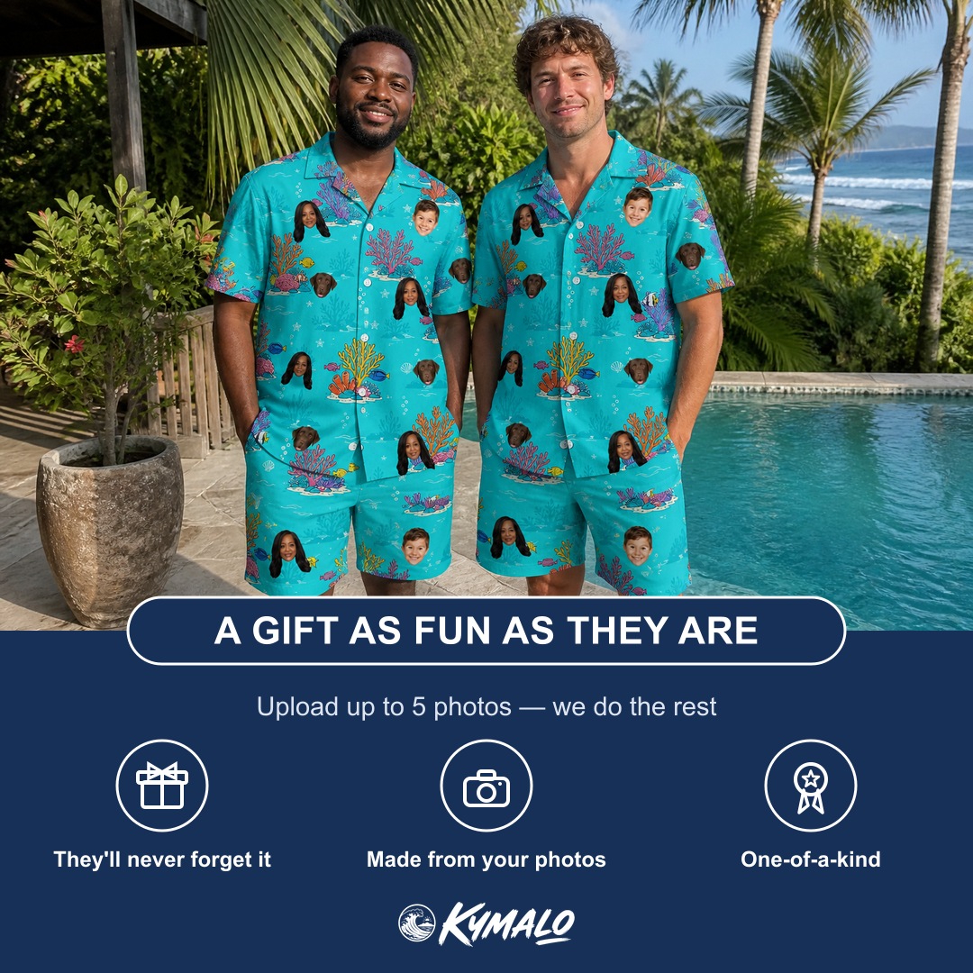 Friends in matching Men's Anemone Amour Custom Face Shirt & Shorts Set — a group gift photo