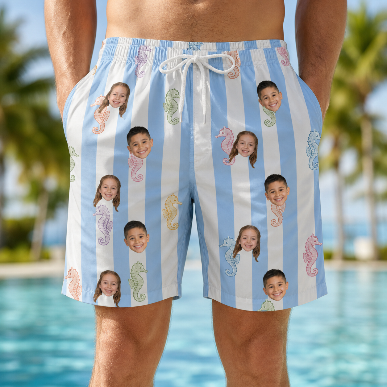 Model wearing Men's Seahorse Serenade Custom Face Beach Shorts printed with kids' faces