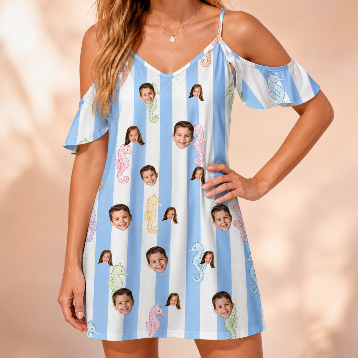 Model wearing Women's Seahorse Serenade Custom Face Off-Shoulder Dress printed with kids' faces