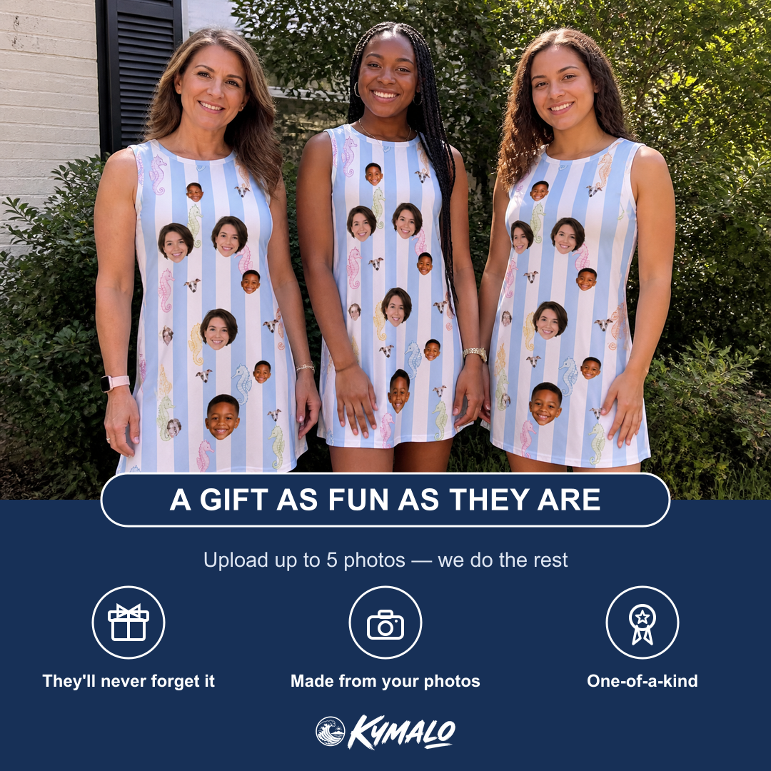 Friends in matching Women's Seahorse Serenade Custom Face Tank Dress — a group gift photo