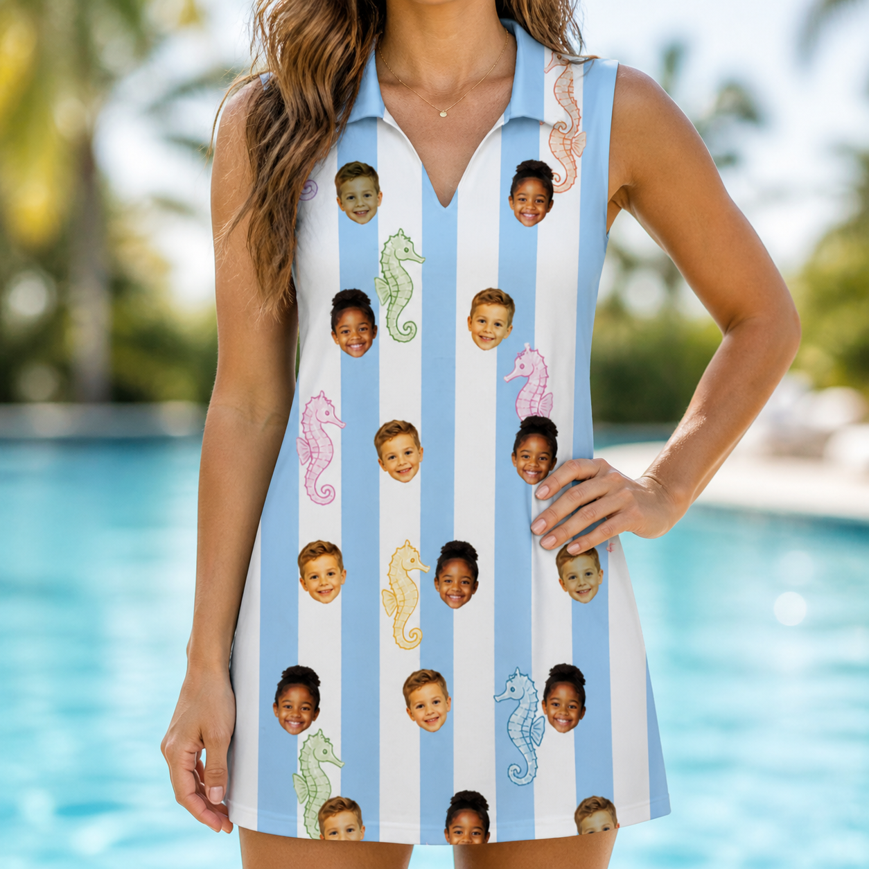 Model wearing Women's Seahorse Serenade Custom Face V-Neck Dress printed with kids' faces